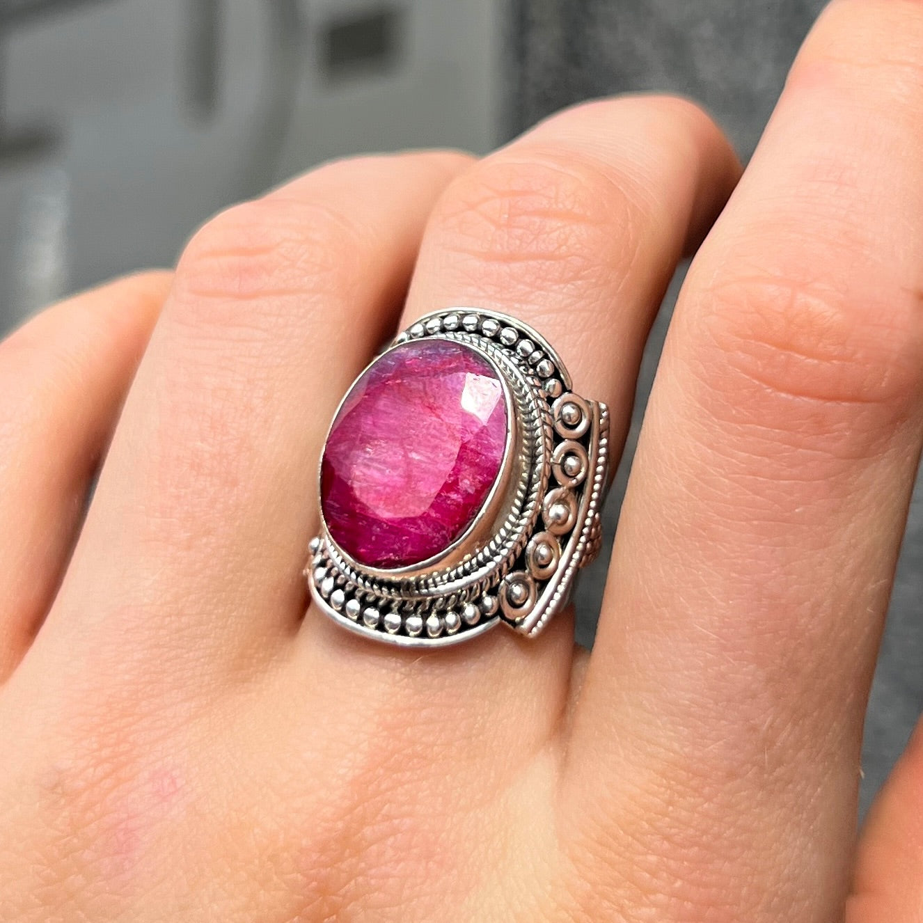 Bohemian Detailed Chunky Sterling Silver Ruby Ring - Size L