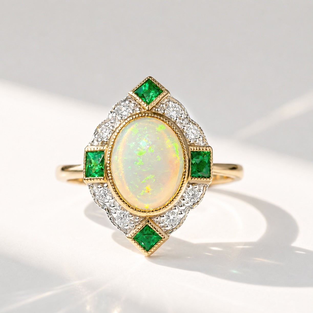 Art Deco Reproduction Opal, Emerald and Diamond 9ct Yellow Gold Ring | Size M ½
