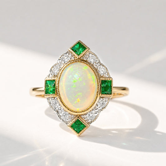 Art Deco Reproduction Opal, Emerald and Diamond 9ct Yellow Gold Ring | Size M ½