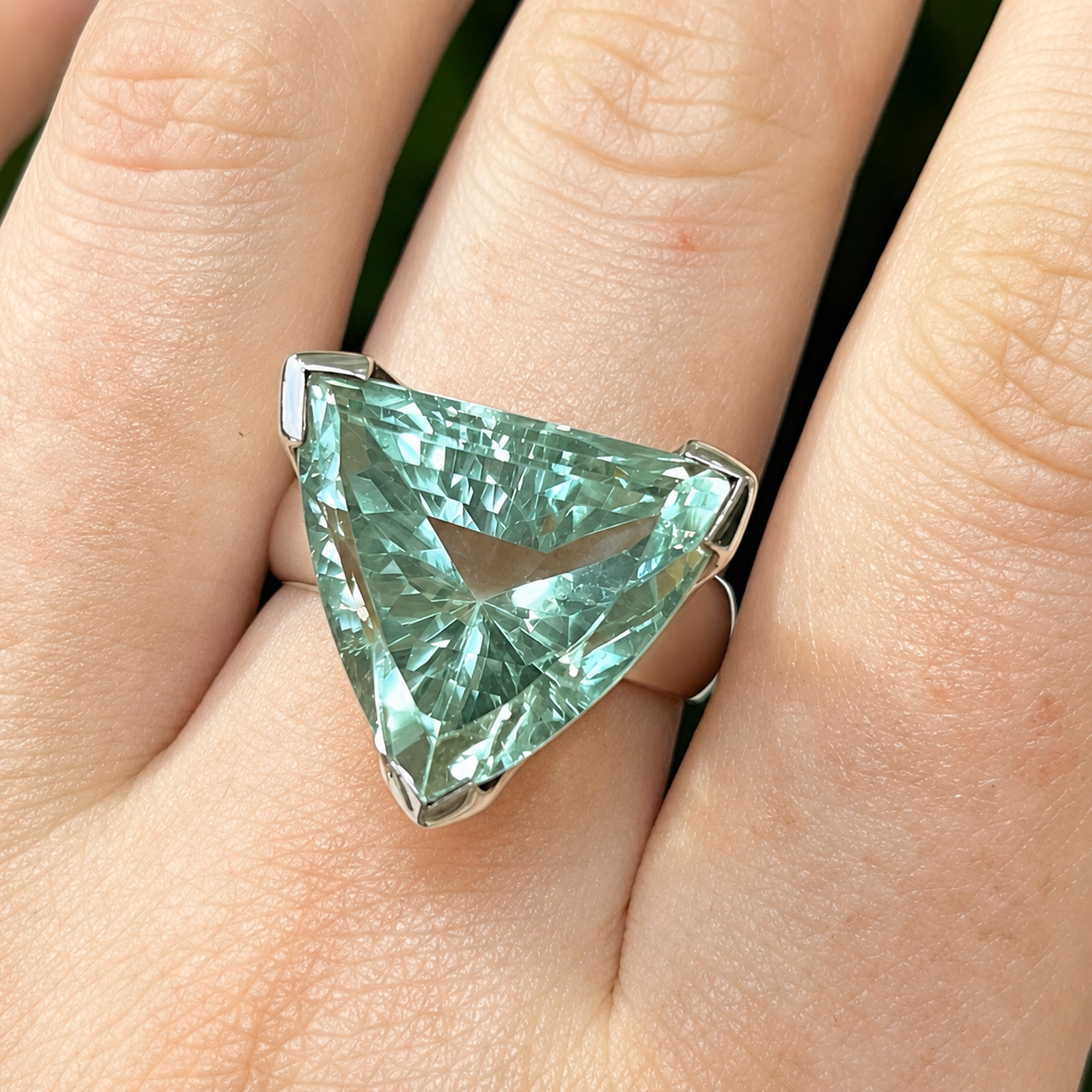 Chunky Sterling Silver Trillion-Cut Green Amethyst Cocktail Ring - Size R ½