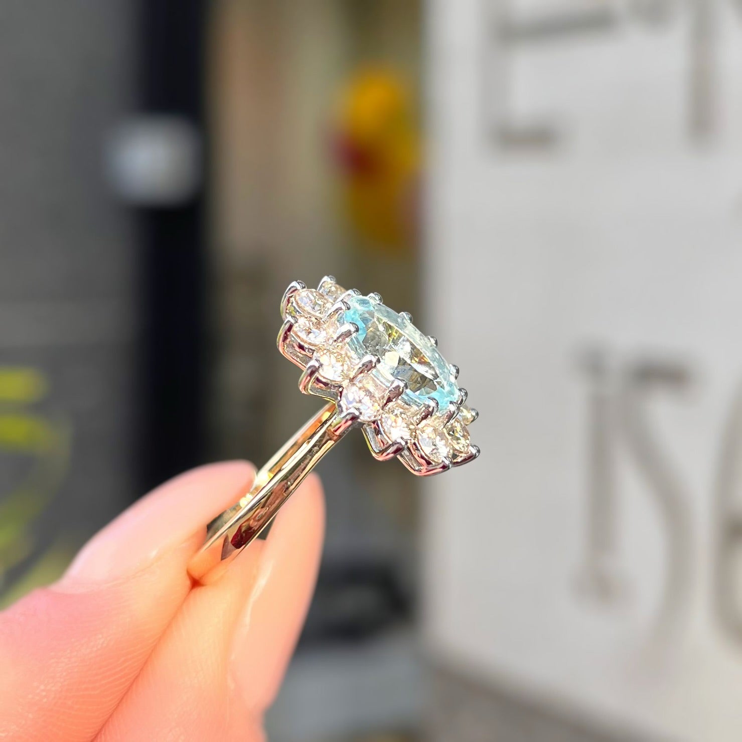 Aquamarine and Diamond Classic Cluster 14ct Yellow Gold Ring | Size N ½