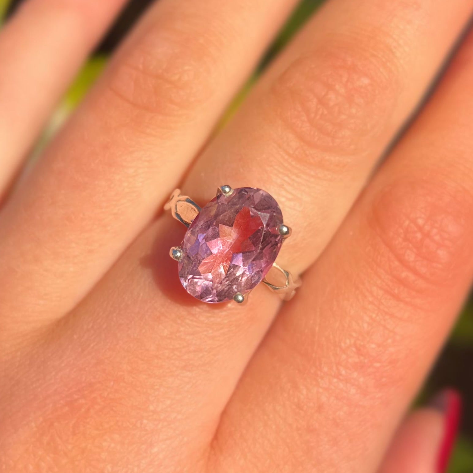 Swirly Oval Faceted Amethyst Sterling Silver Ring | Size L