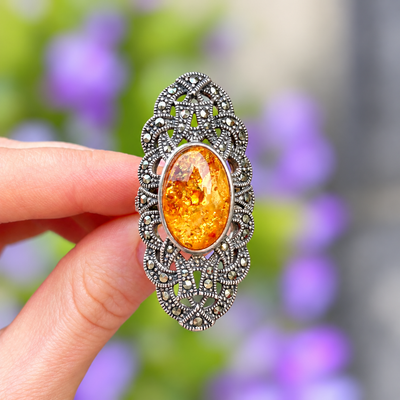 Orange Amber & Marcasite Sterling Silver Ring | Size O ½