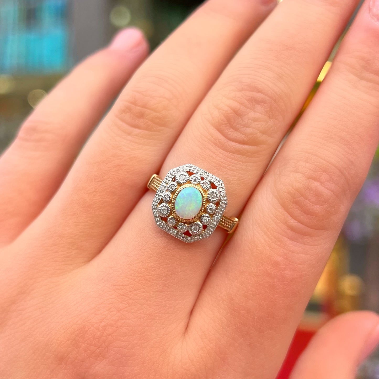 Opulent Art Deco Inspired 9ct Yellow Gold Octagonal Opal and Diamond Cluster Ring - Size O