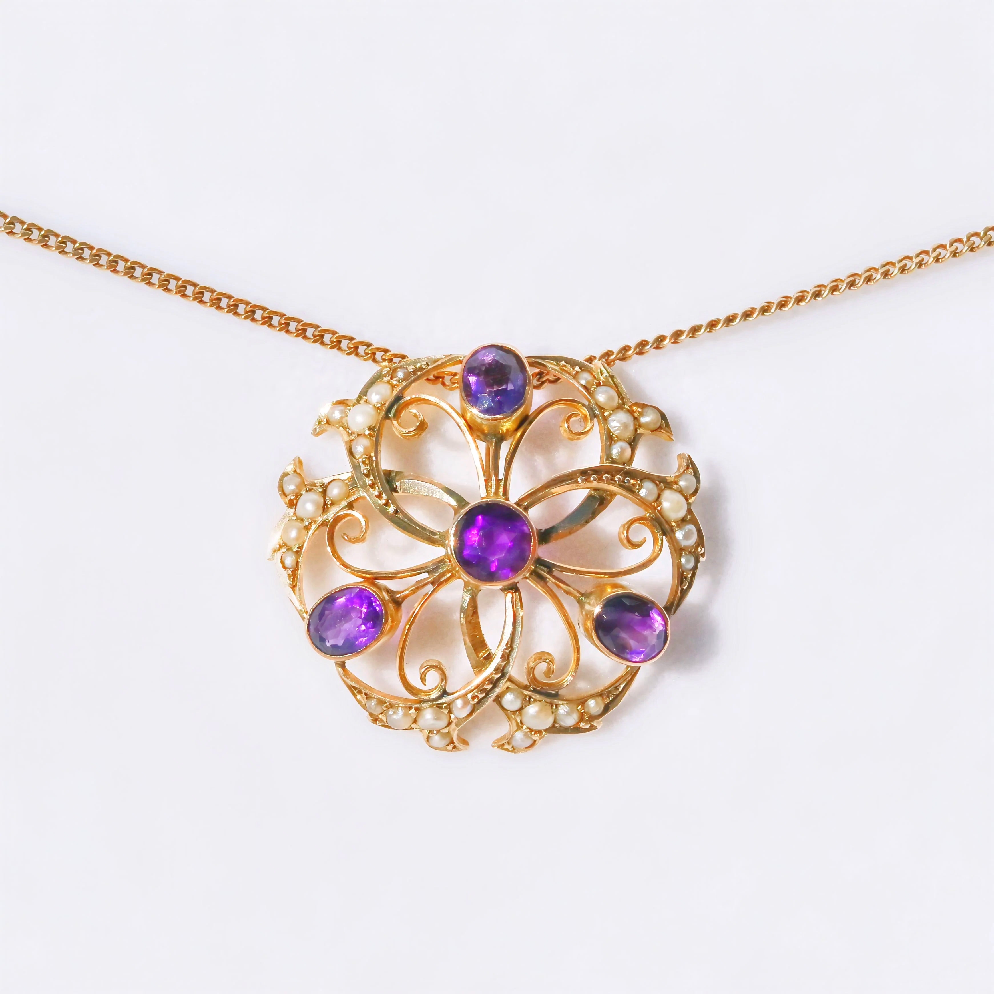 Antique Edwardian Amethyst and Seed Pearl 9ct Yellow Gold Necklace