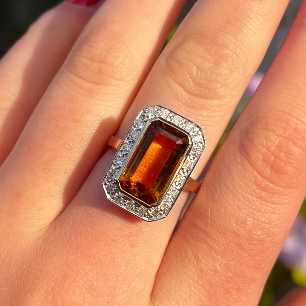 Art Deco Inspired Madeira Citrine and Diamond 9ct Yellow Gold Halo Cocktail Ring | Size N ½