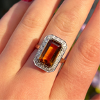 Art Deco Inspired Madeira Citrine and Diamond 9ct Yellow Gold Halo Cocktail Ring | Size N ½