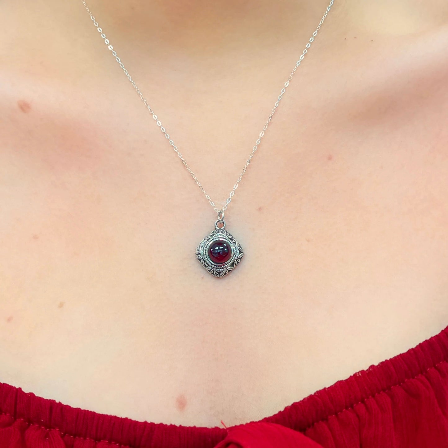 Boho Inspired Oxidised Sterling Silver Red Garnet Cabochon Necklace