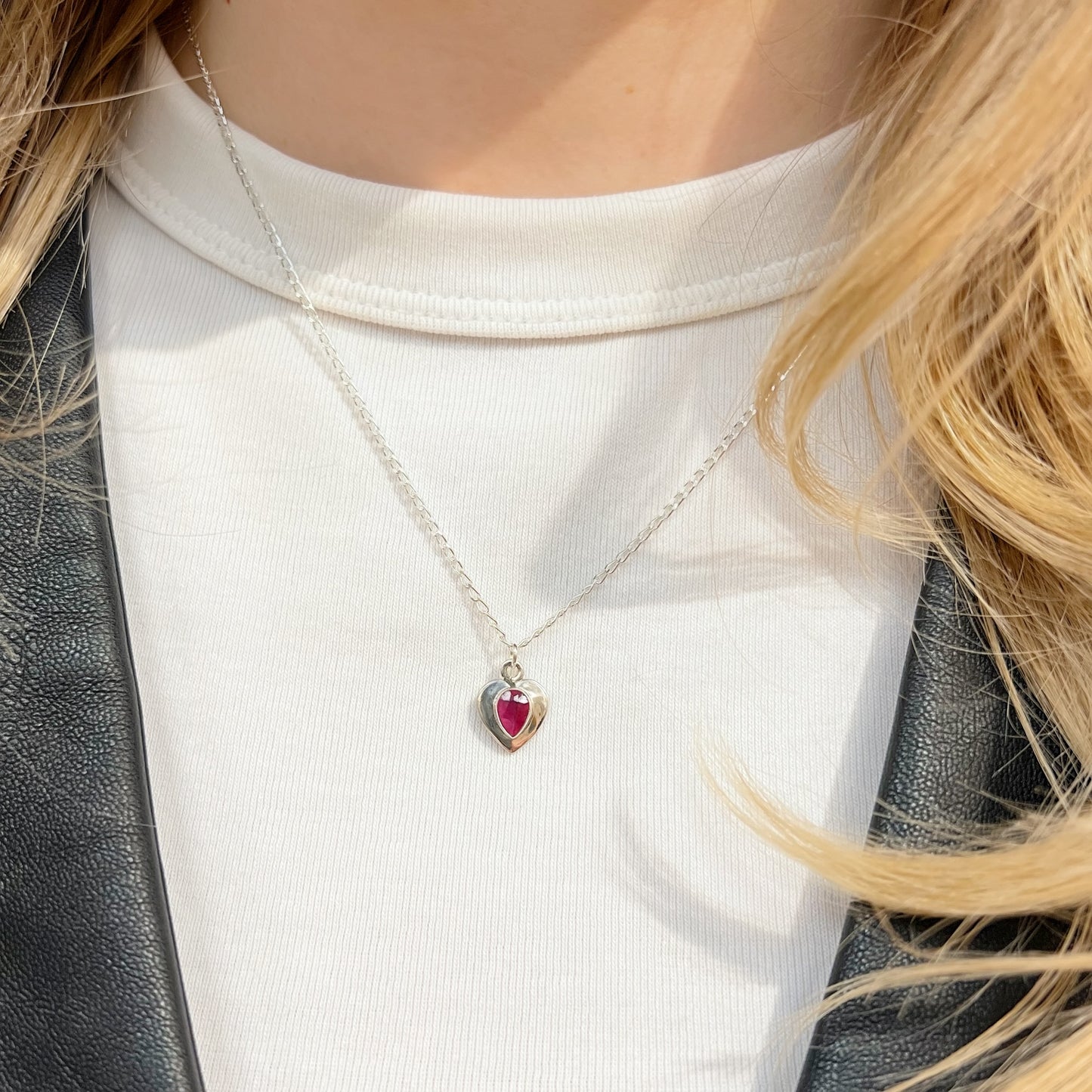 Sweet Sterling Silver Pear-Cut Ruby Heart Necklace