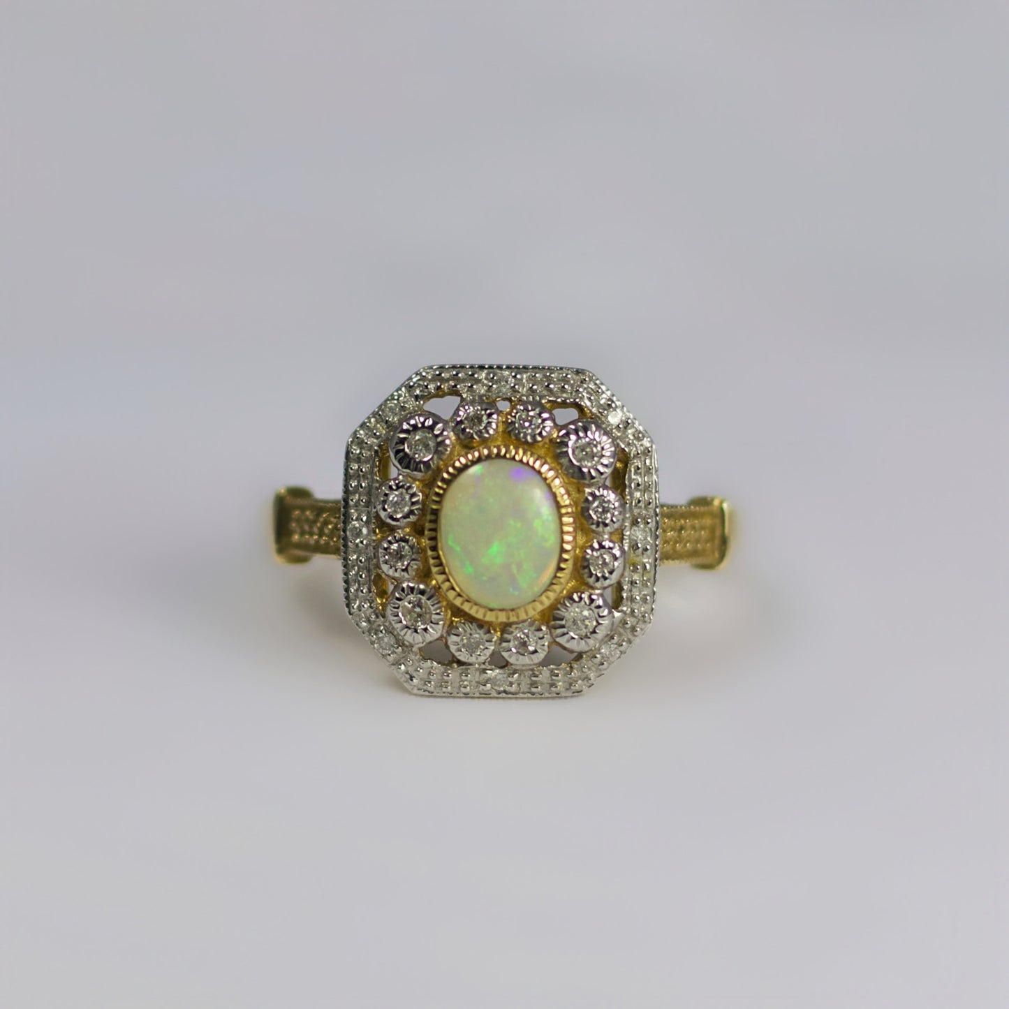 Opulent Art Deco Inspired 9ct Yellow Gold Octagonal Opal and Diamond Cluster Ring - Size O