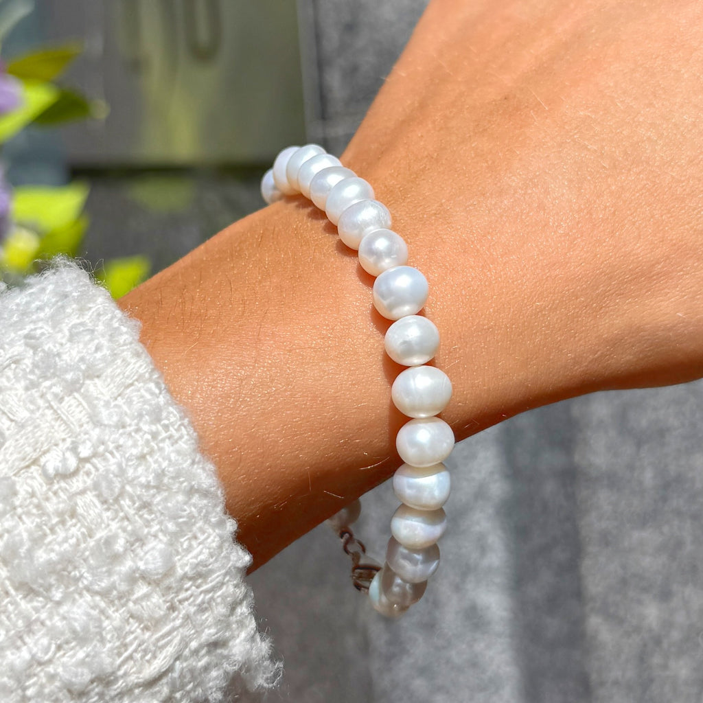 White Freshwater Pearl Beaded Sterling Silver Bracelet