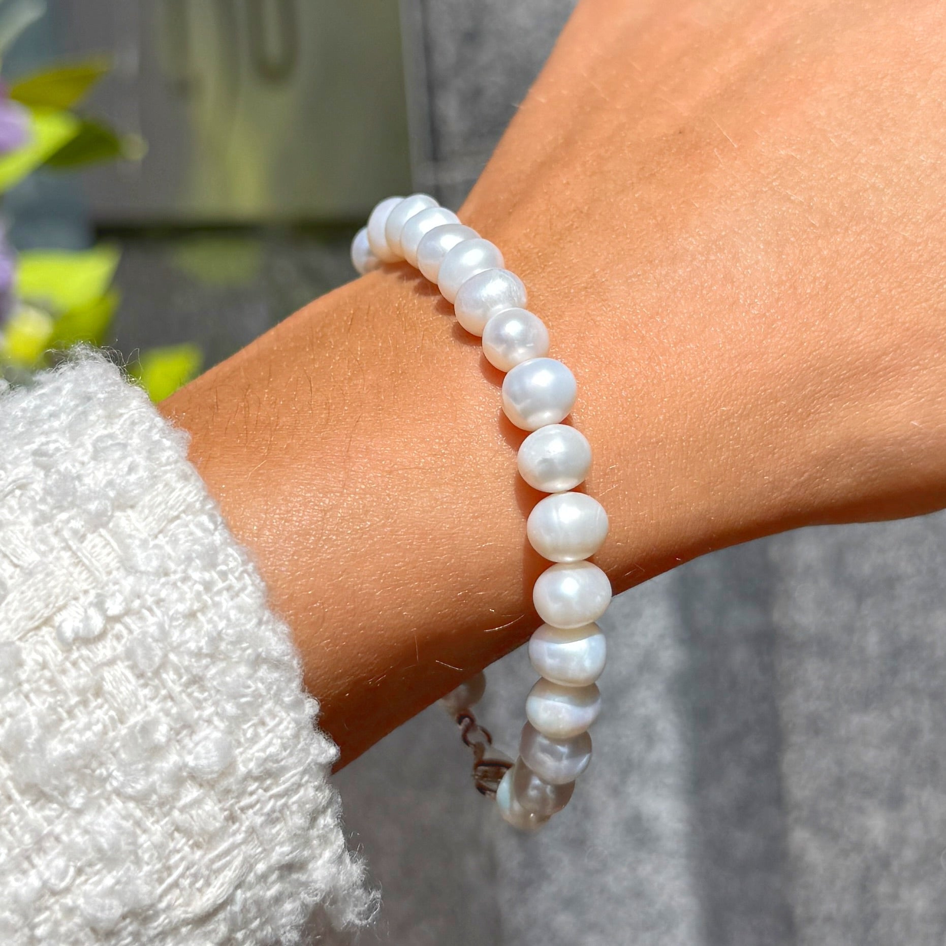 White Freshwater Pearl Beaded Sterling Silver Bracelet
