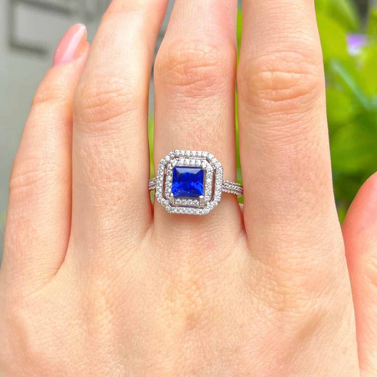 Blue Cubic Zirconia Sterling Silver Square Halo Ring | Size M