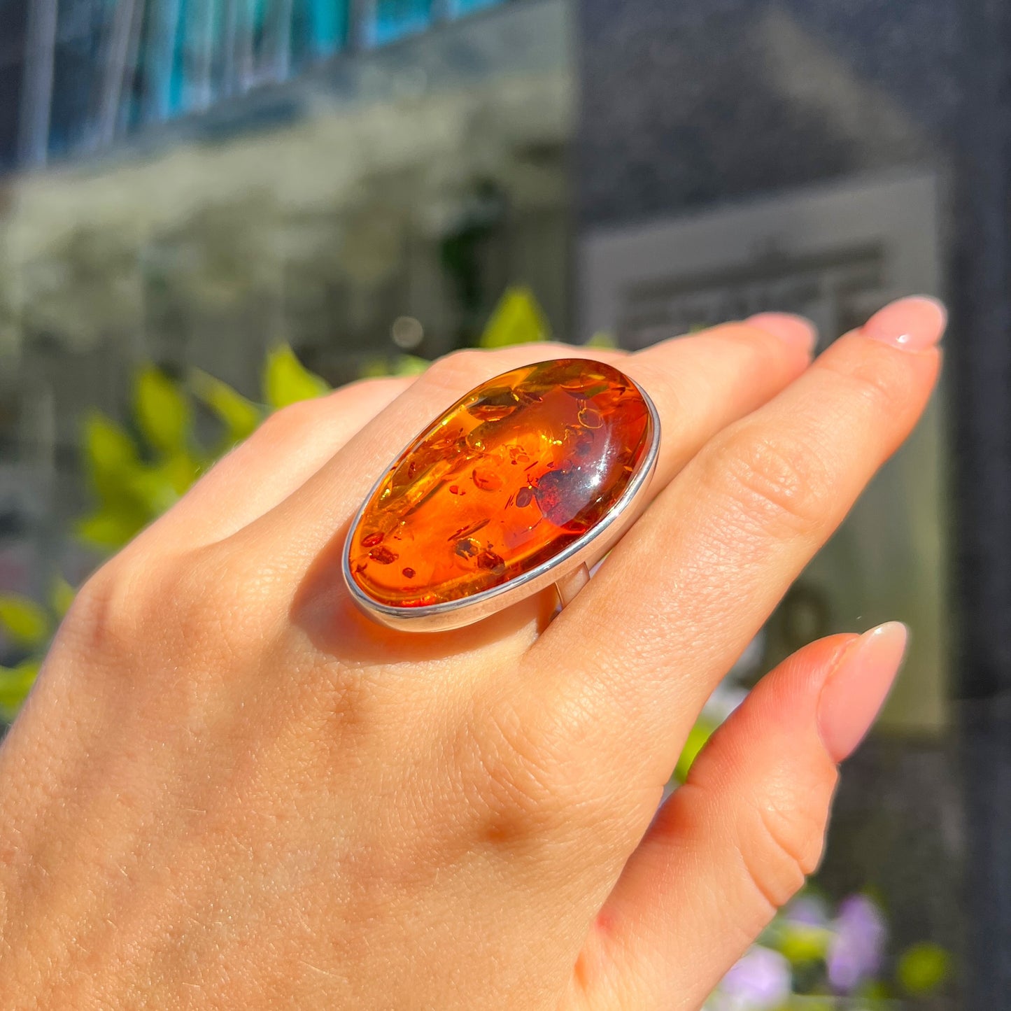 Super Chunky Sterling Silver Orange Amber Ring - Size U