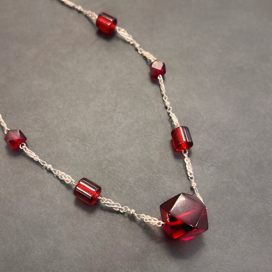 Antique 1920s Cherry Amber Beaded Necklace Handmade in Sterling Silver