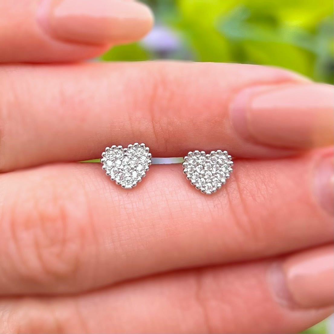 Sterling Silver Encrusted Cubic Zirconia Heart Stud Earrings