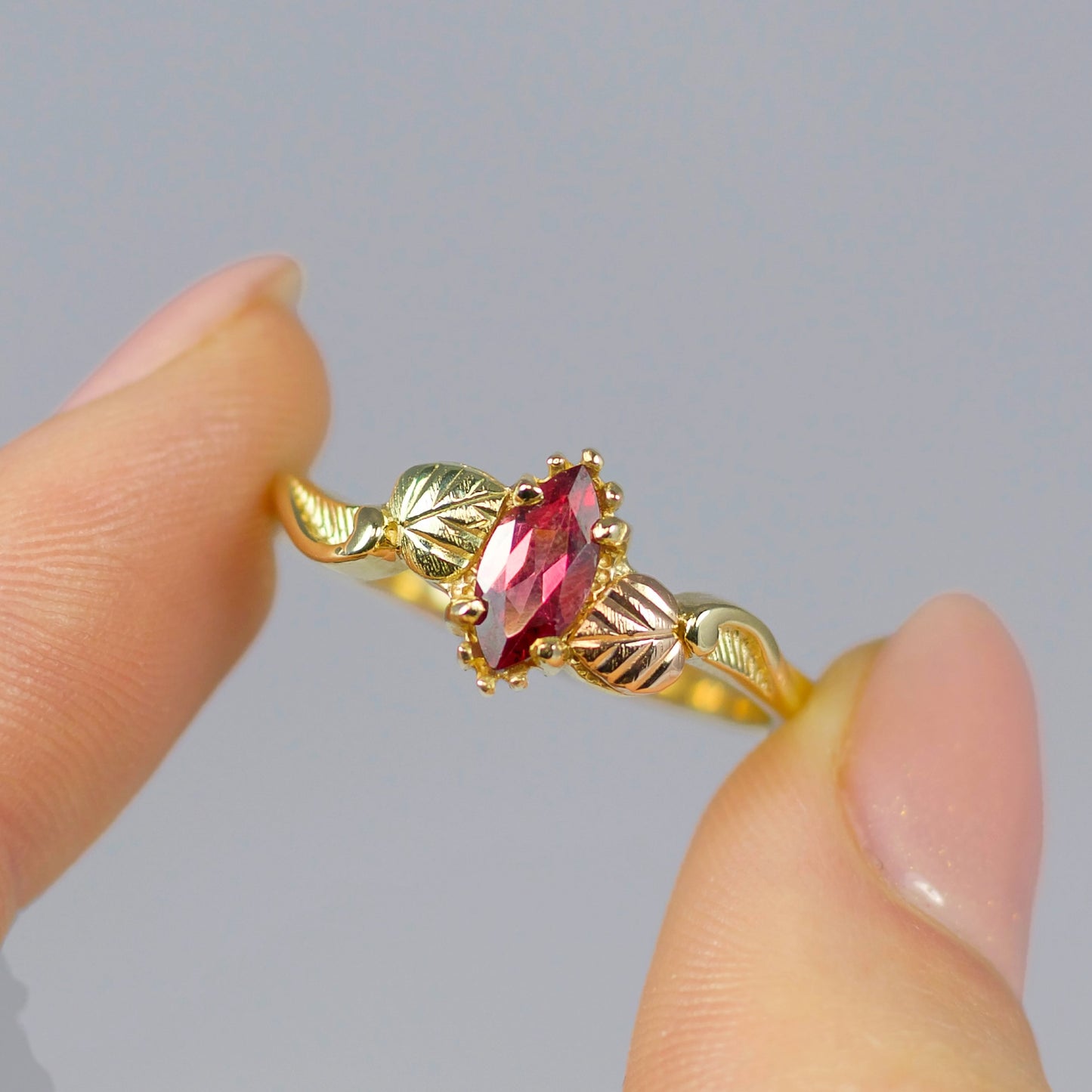 Ornate Vintage 10K Gold Pink Tourmaline Nature Inspired Ring - Size R