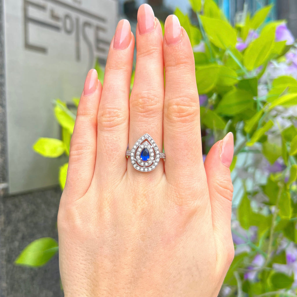 Blue Cubic Zirconia Sterling Silver Pear Shape Double Halo Ring | Size N