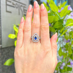 Blue Cubic Zirconia Sterling Silver Pear Shape Double Halo Ring | Size N