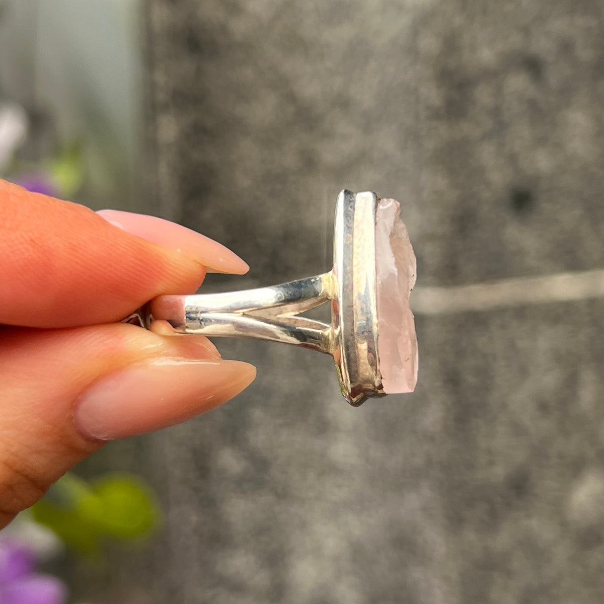 Rough Pear Cut Rose Quartz Sterling Silver Ring | Size O