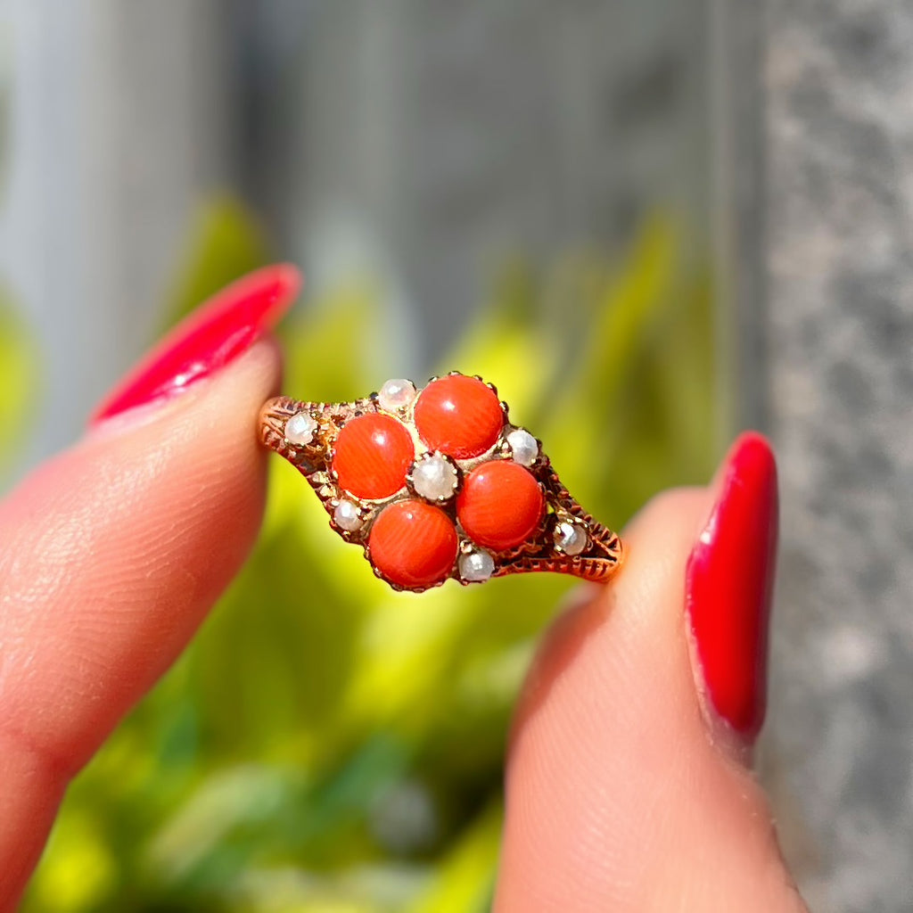 Victorian Inspired Coral and Seed Pearl 9ct Yellow Gold Forget-me-not Ring | Size M ½