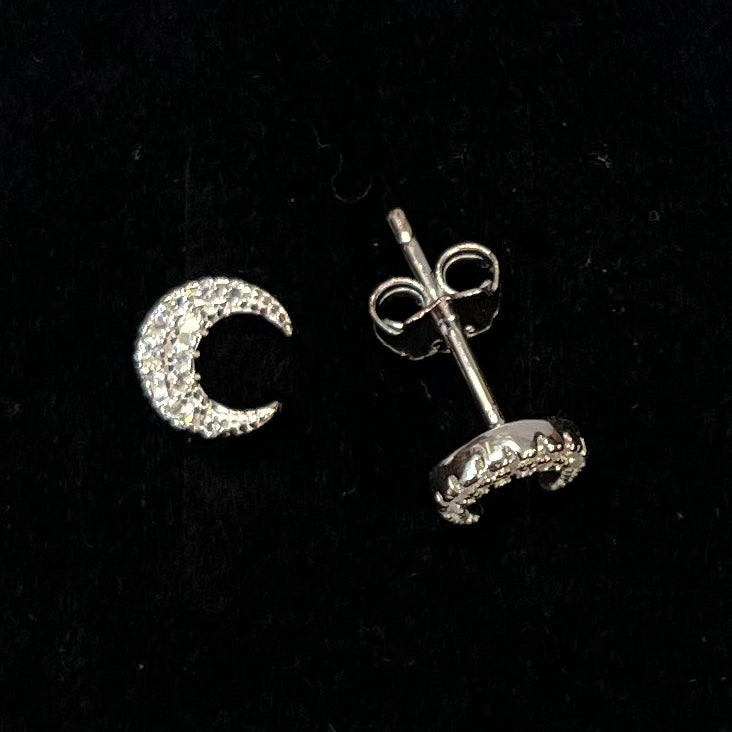 Cubic Zirconia Sterling Silver Half Moon Stud Earrings