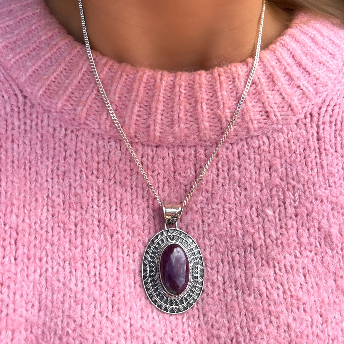 Bohemian Chunky Sterling Silver Red Ruby Pendant & Chain