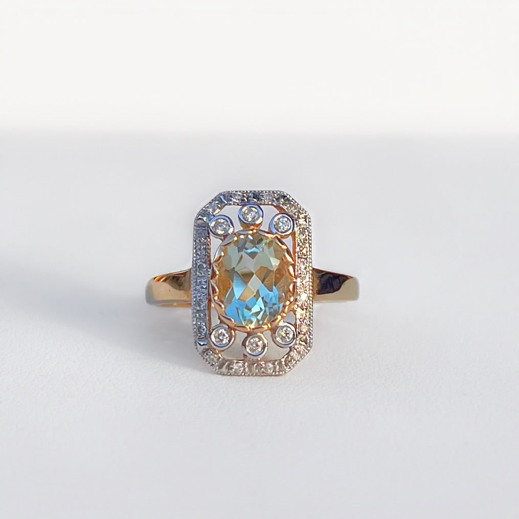 Art Deco Inspired Green Amethyst and Diamond 9ct Yellow Gold Ring | Size M