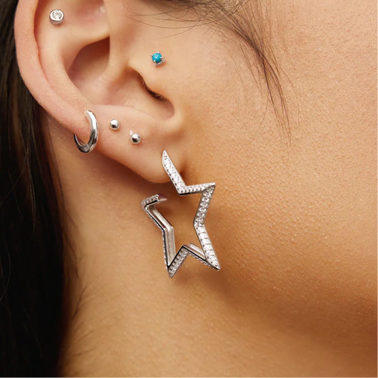 Ania Hae Silver Medium Star Pavé Hoop Earrings