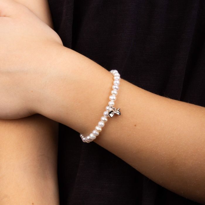 Diamond, Pearl & Sterling Silver Bow Charm Children's Bracelet