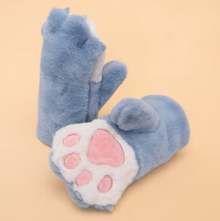 Kids Cosy Faux Fur Lined Bear Paw Fluffy Mittens - Blue | Powder Accessories