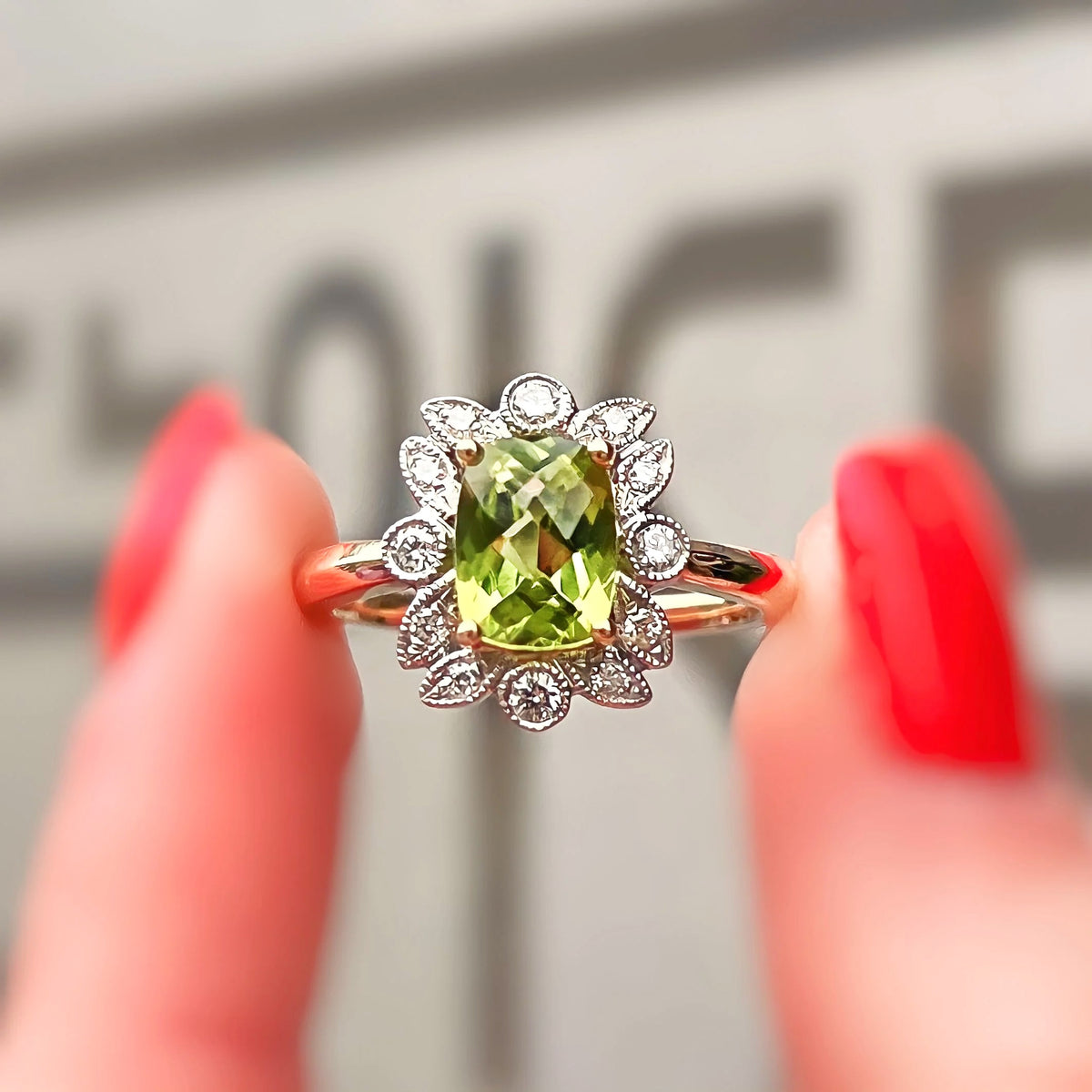 Nature Inspired Peridot and Diamond 9ct Yellow Gold Ring | Size N