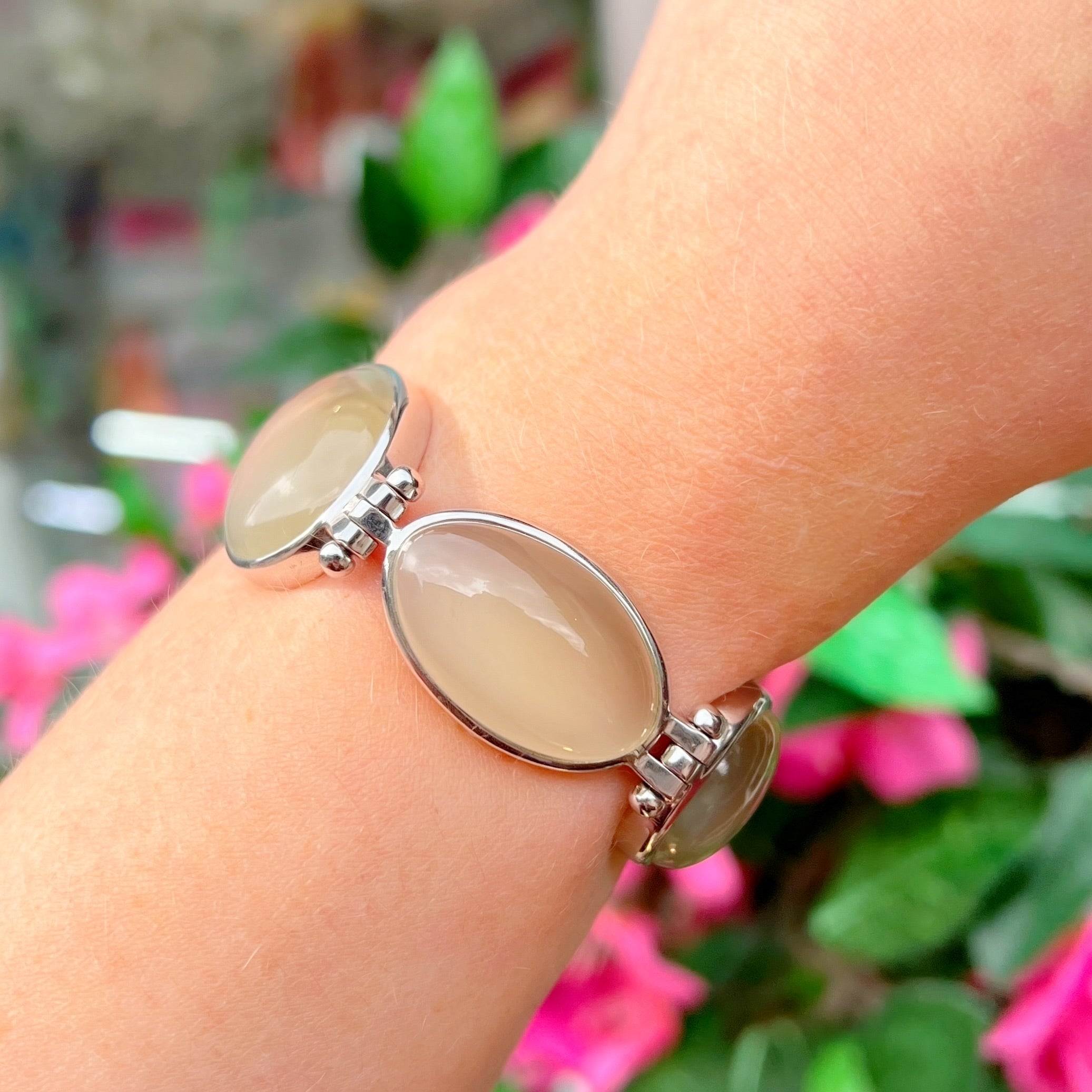 True Moonstone Graduated Five Stone Sterling Silver Chunky Bracelet