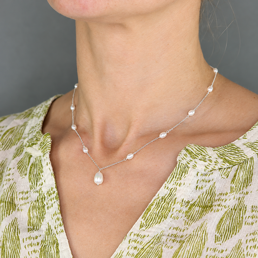 Pearl Sterling Silver Dainty Station Necklace