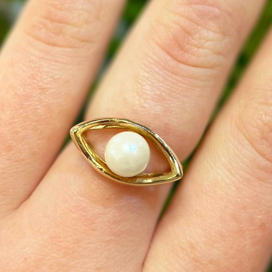 Striking Vintage 9ct Yellow Gold Freshwater Pearl 'Evil Eye' Ring - Size N