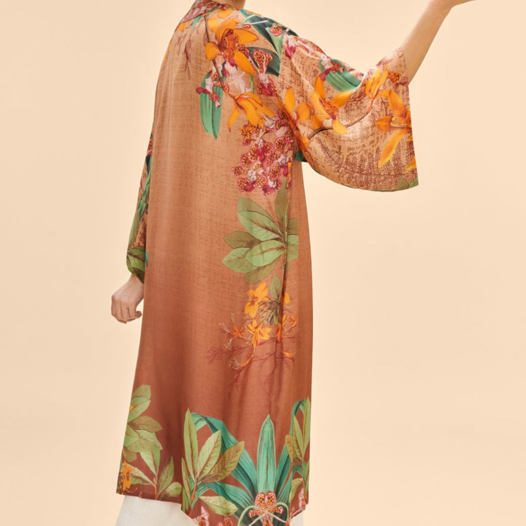 Powder Accessories Orange and Green Floral Botany Bliss Long Kimono Gown