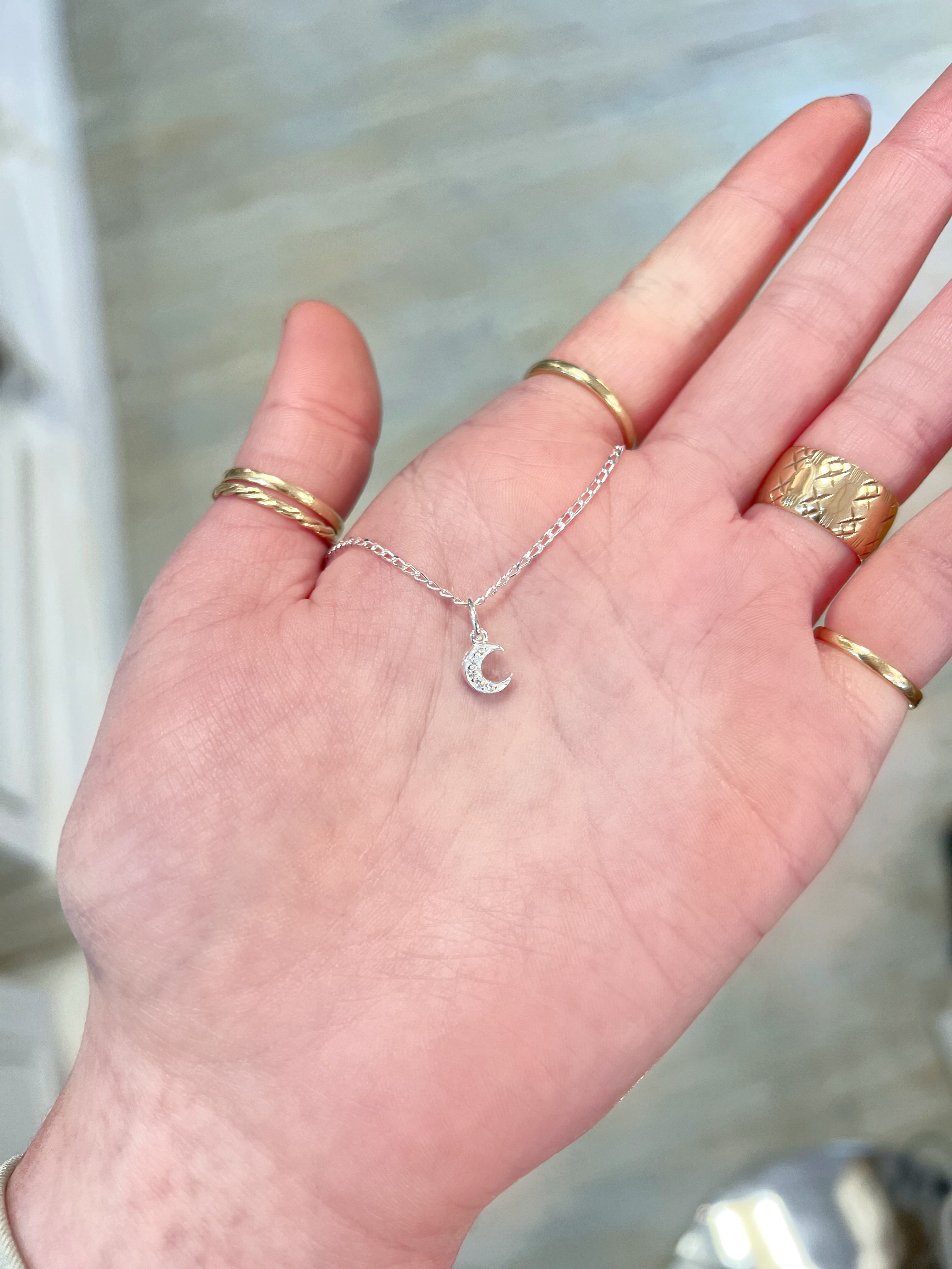 Cubic Zirconia Sterling Silver Moon Necklace