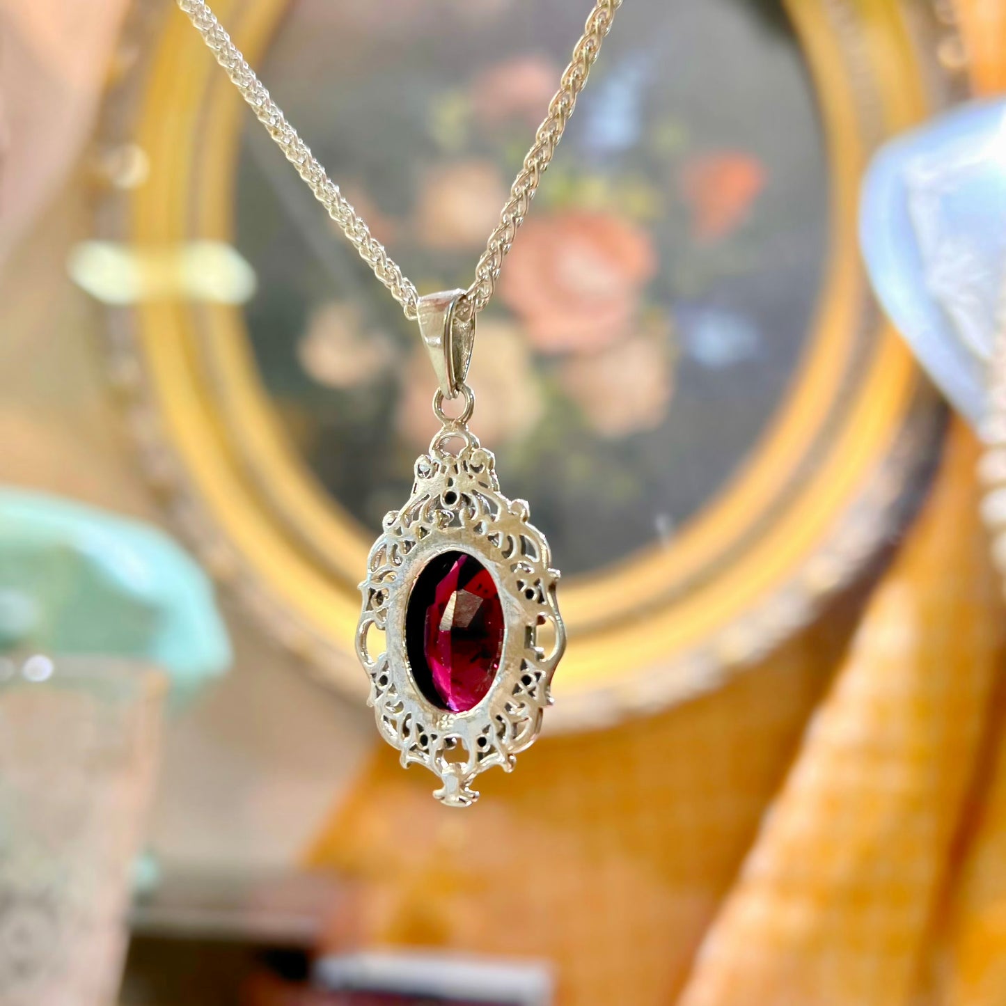 Sterling Silver Garnet Filigree Pendant