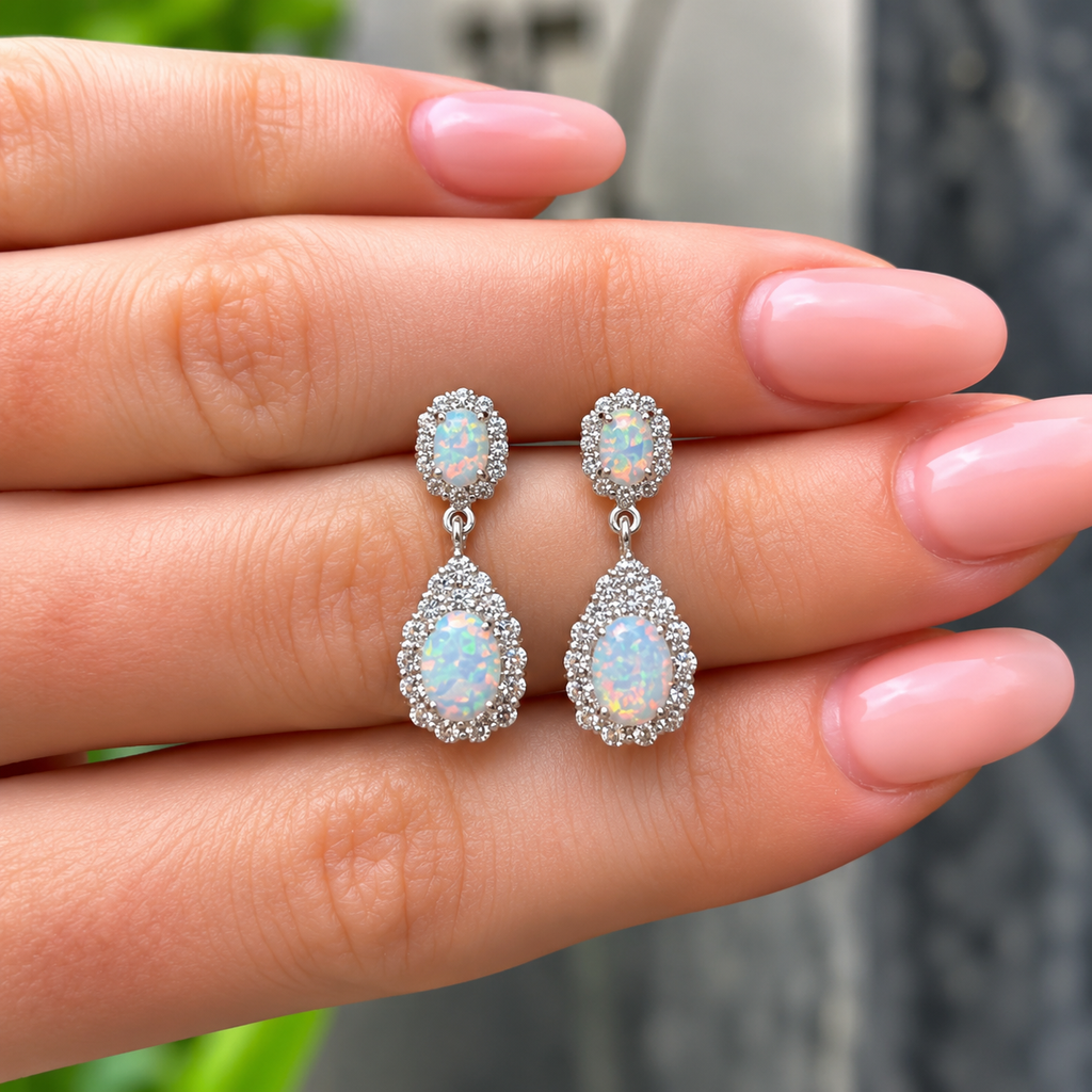 Opal & Cubic Zirconia Sterling Silver Teardrop Earrings