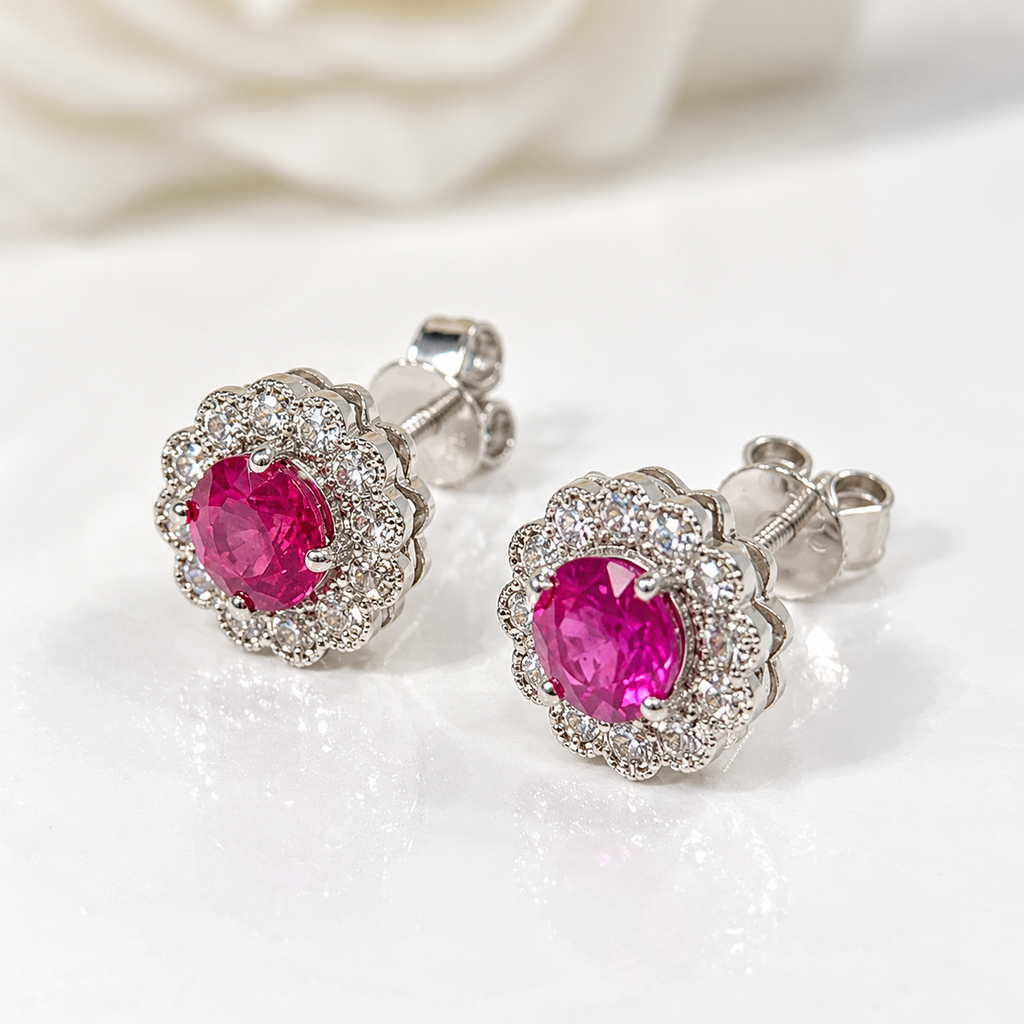 Ruby and Diamond 18ct White Gold Halo Stud Earrings