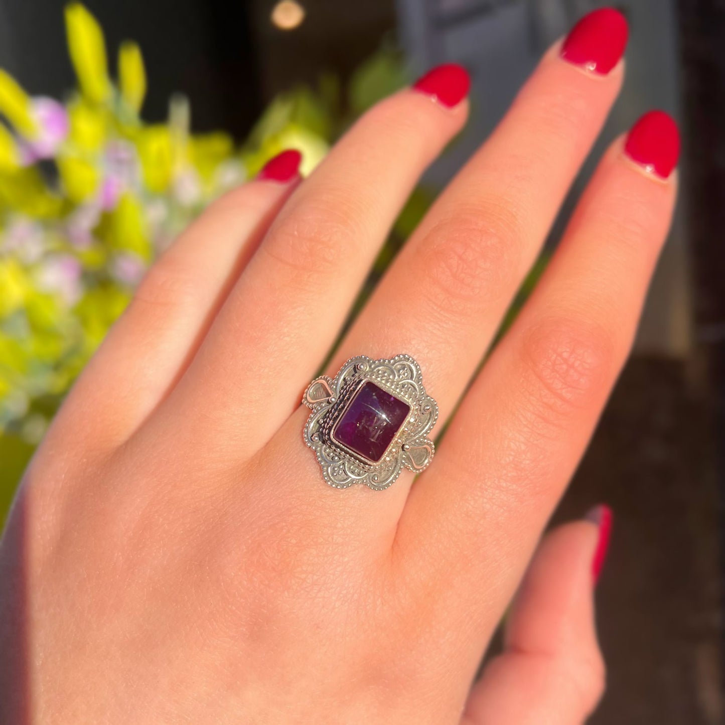 Chunky Boho Inspired Amethyst Ring - Size R ½