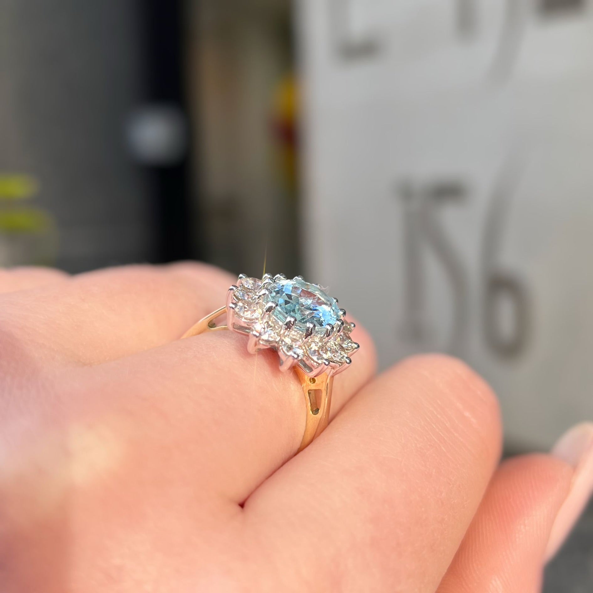 Aquamarine and Diamond Classic Cluster 14ct Yellow Gold Ring | Size N ½