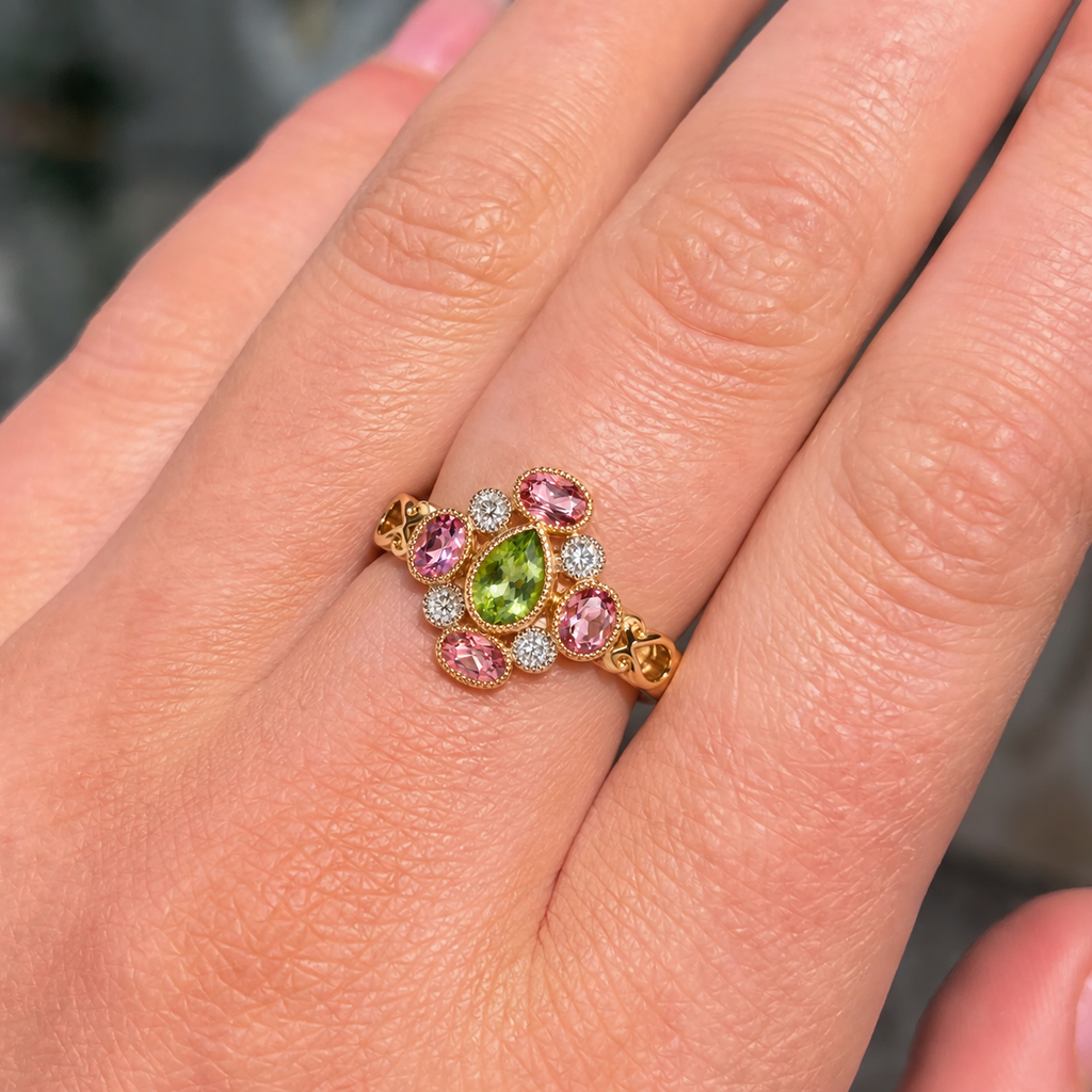 Peridot, Pink Tourmaline and Diamond 9ct Yellow Gold Victorian Reproduction Ring | Size N ½