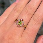 Peridot, Pink Tourmaline and Diamond 9ct Yellow Gold Victorian Reproduction Ring | Size N ½