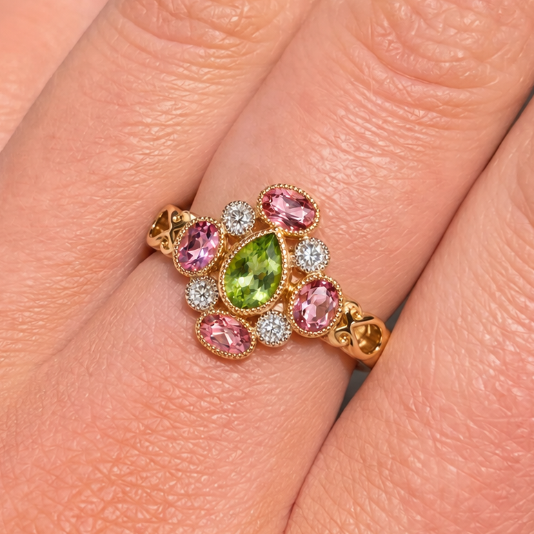 Peridot, Pink Tourmaline and Diamond 9ct Yellow Gold Victorian Reproduction Ring | Size N ½