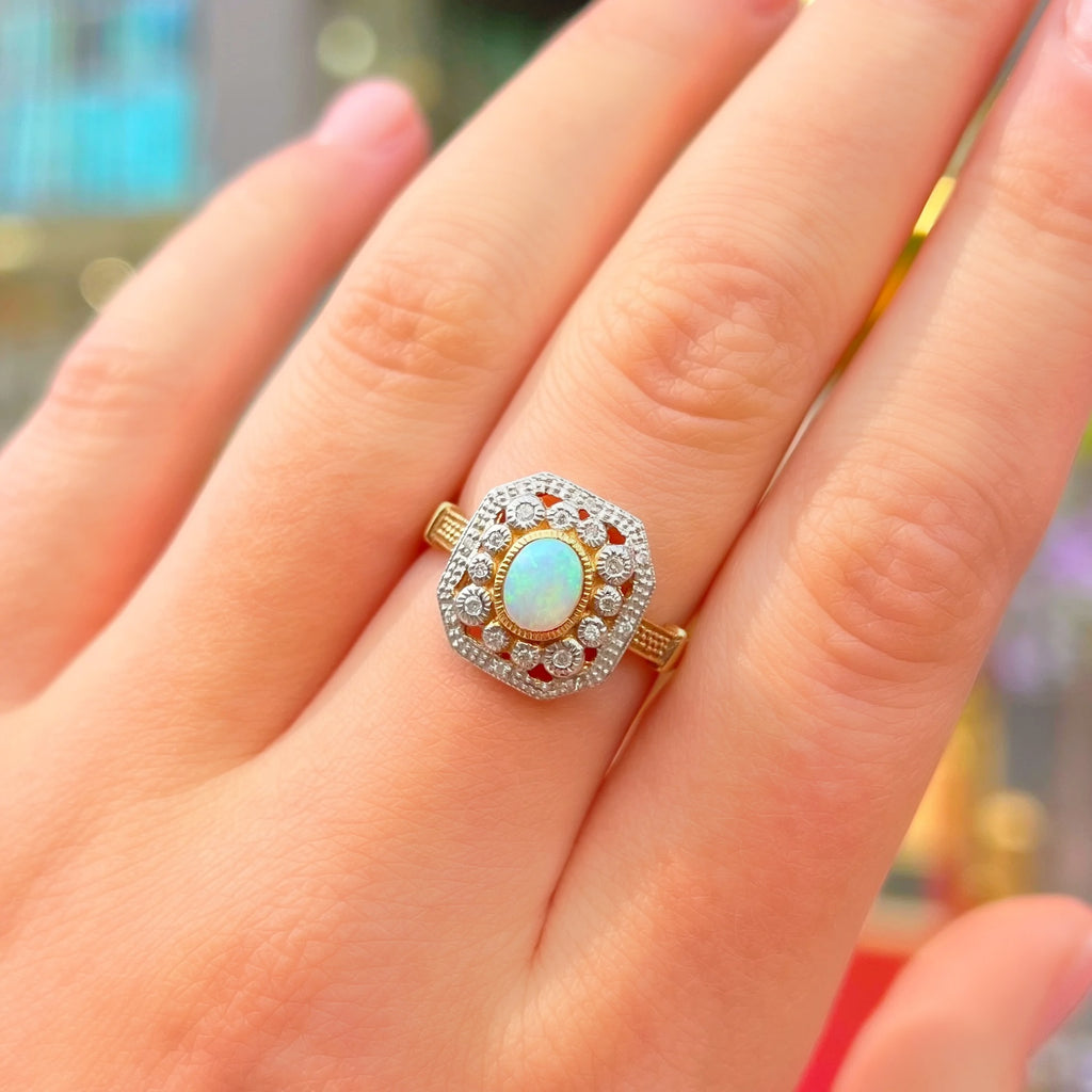 Art Deco Inspired Octagonal Opal and Diamond 9ct Yellow Gold Cluster Ring | Size O
