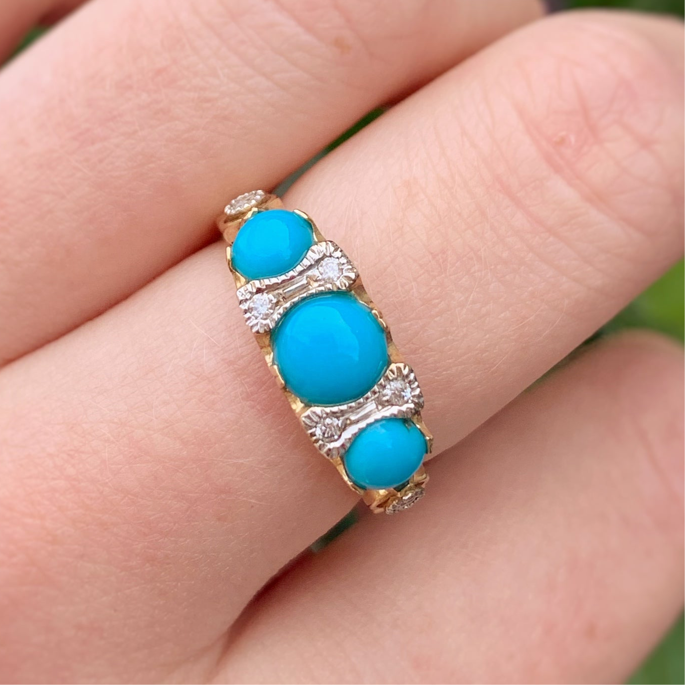 Edwardian Inspired 9ct Yellow Gold Turquoise and Diamond Ring - SIZE M 1/2