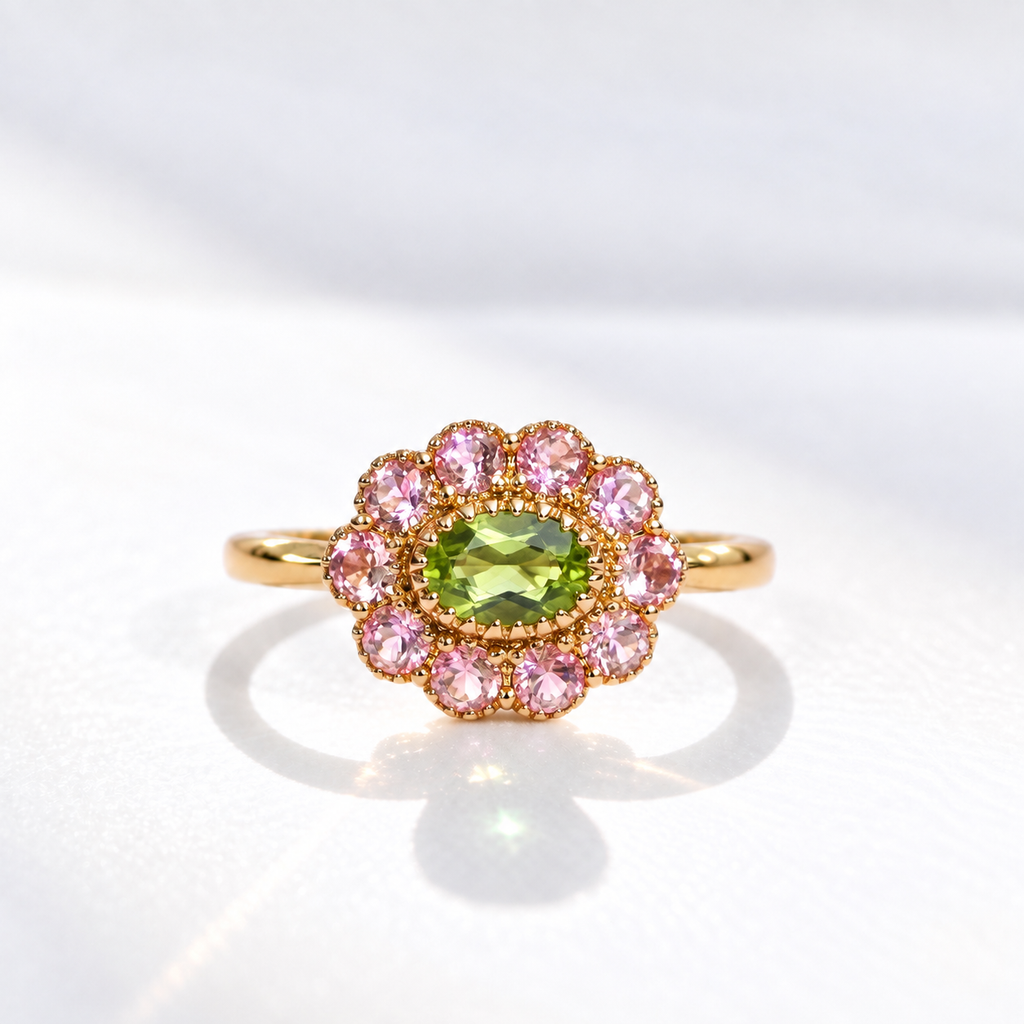'The Arabella' Victorian Reproduction Peridot and Pink Tourmaline 9ct Yellow Gold Floral Inspired Ring | Size O