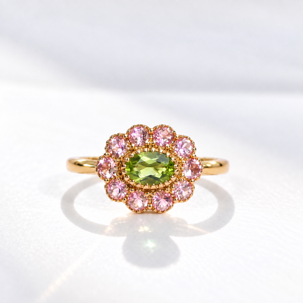 'The Arabella' Victorian Reproduction Peridot and Pink Tourmaline 9ct Yellow Gold Floral Inspired Ring | Size O