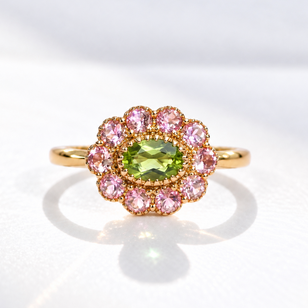 'The Arabella' Victorian Reproduction Peridot and Pink Tourmaline 9ct Yellow Gold Floral Inspired Ring | Size O